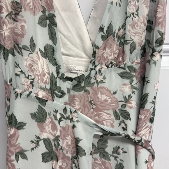 Lovers + Friends Cream & Green Floral Chiffon Wrap Maxi - Lined V Neck Size 0 - Picture 6 of 6